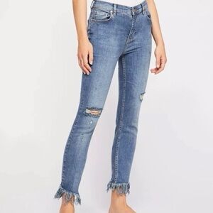 Free People We the Free Medium Wash Distressed Denim Jeans with Frayed Ankle